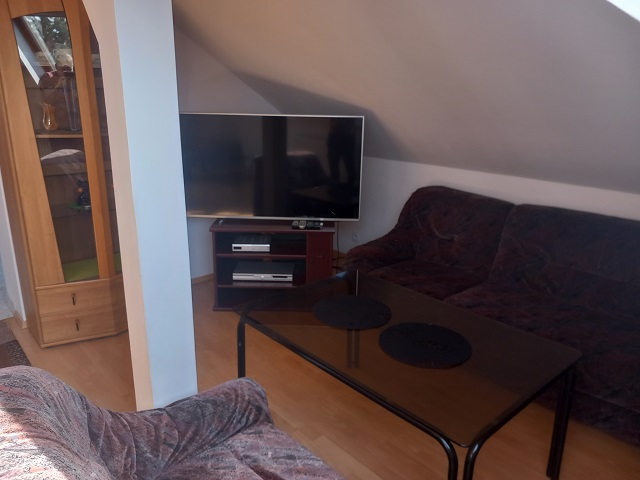 Salon z telewizorem i kanapą